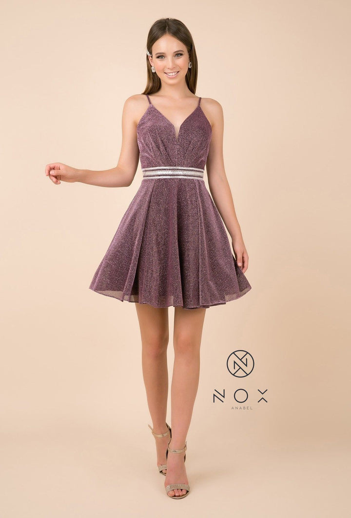 Short A-line Metallic Glitter Dress with V-Neckline by Nox Anabel Y678-Short Cocktail Dresses-ABC Fashion