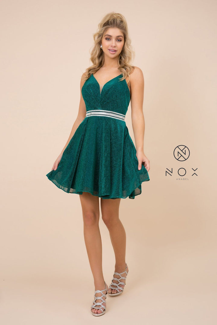 Short A-line Metallic Glitter Dress with V-Neckline by Nox Anabel Y678