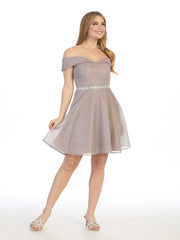 Short A-line Off Shoulder Metallic Dress by Celavie 6506S