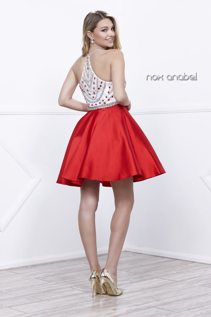 Short Beaded Halter Cocktail Dress by Nox Anabel 6247-Short Cocktail Dresses-ABC Fashion