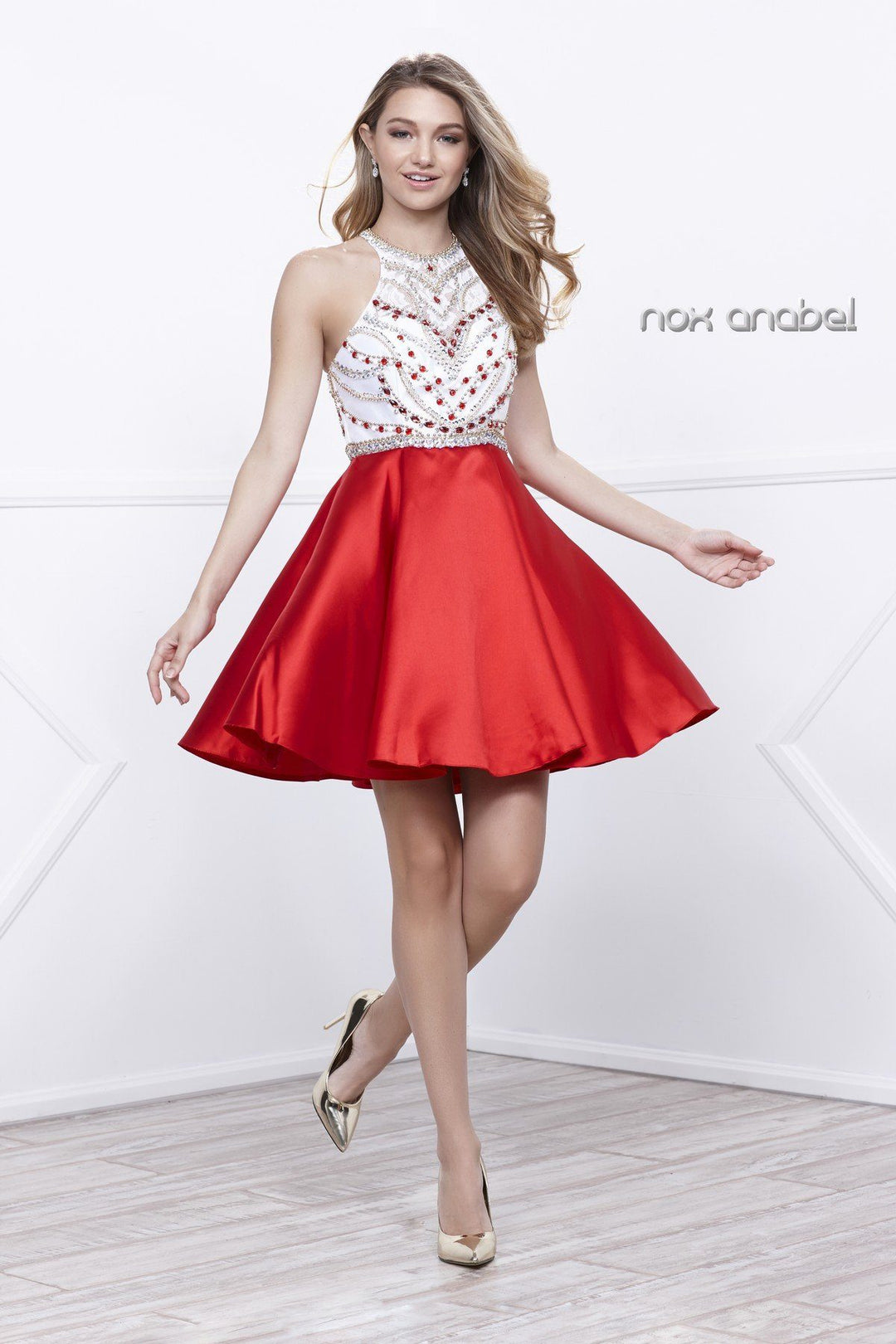 Short Beaded Halter Cocktail Dress by Nox Anabel 6247-Short Cocktail Dresses-ABC Fashion