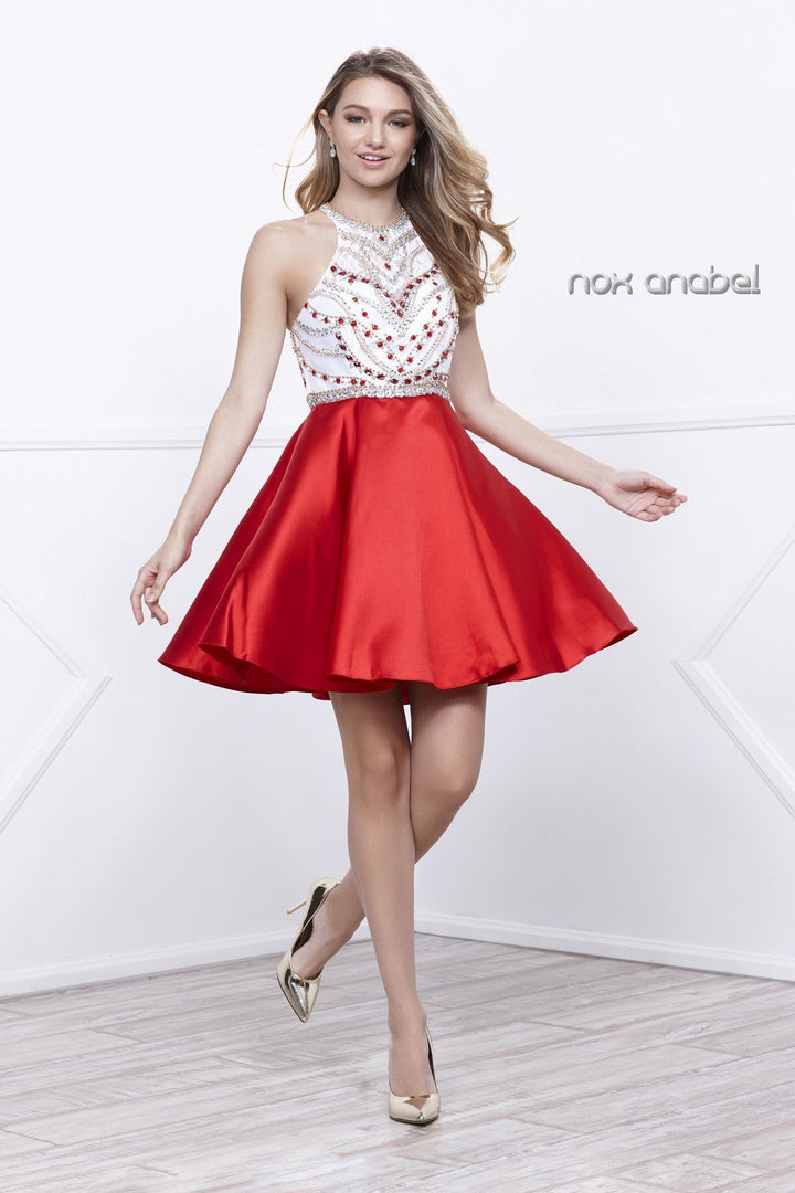 Short Beaded Halter Cocktail Dress by Nox Anabel 6247-Short Cocktail Dresses-ABC Fashion