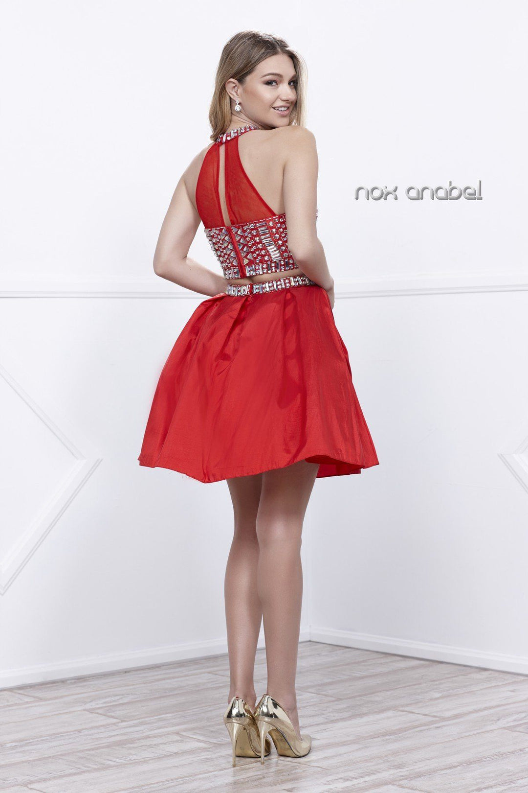 Short Beaded Halter Crop Top Dress by Nox Anabel 6053-Short Cocktail Dresses-ABC Fashion
