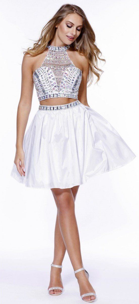 Short Beaded Halter Crop Top Dress by Nox Anabel 6053-Short Cocktail Dresses-ABC Fashion