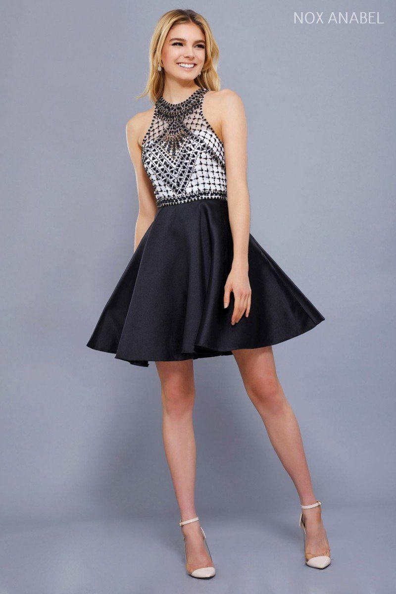 Short Black Dress with Beaded Illusion Top by Nox Anabel 6243-Short Cocktail Dresses-ABC Fashion
