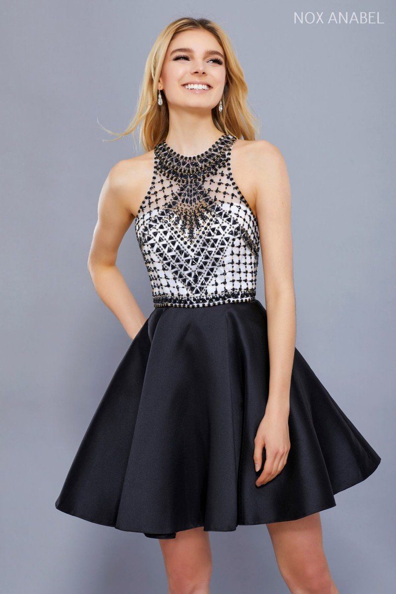 Short Black Dress with Beaded Illusion Top by Nox Anabel 6243-Short Cocktail Dresses-ABC Fashion