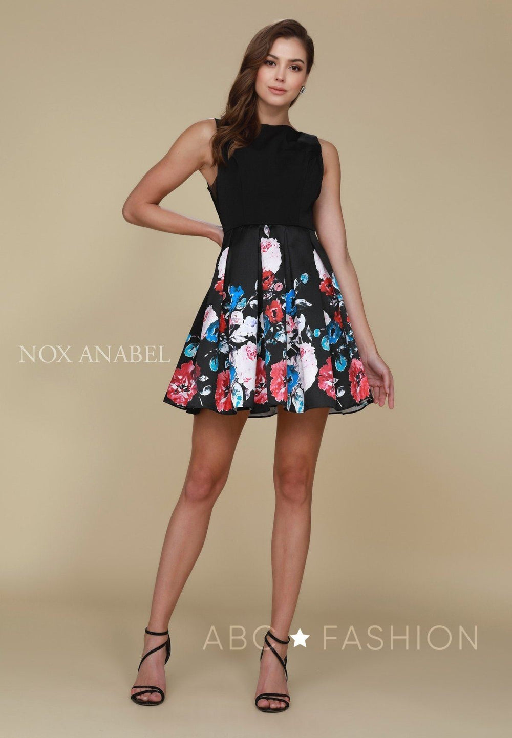 Short Black Dress with Floral Print Skirt by Nox Anabel Q606-Short Cocktail Dresses-ABC Fashion