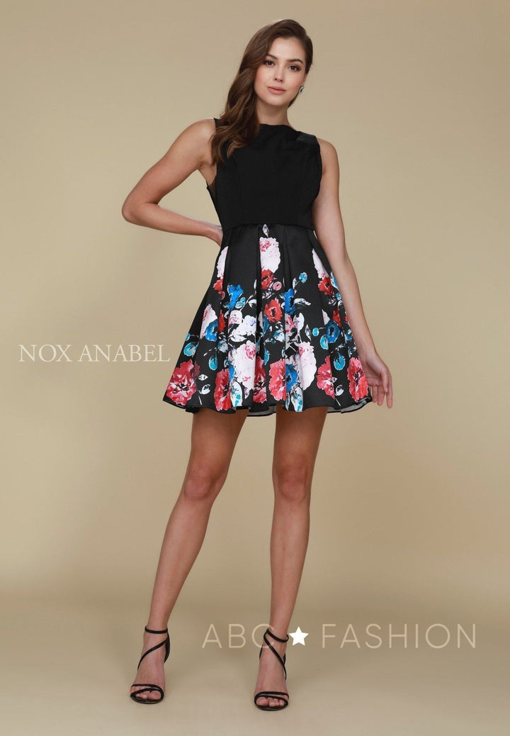 Short Black Dress with Floral Print Skirt by Nox Anabel Q606-Short Cocktail Dresses-ABC Fashion