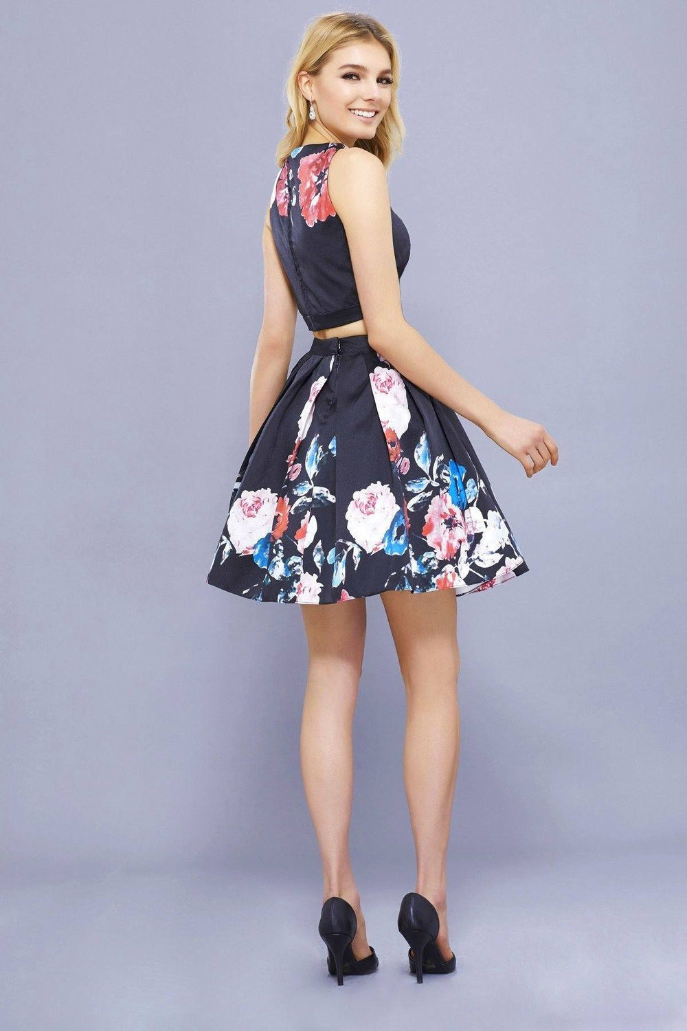 Short Black Sleeveless Floral Print Crop Top Dress by Nox Anabel 6287-Short Cocktail Dresses-ABC Fashion