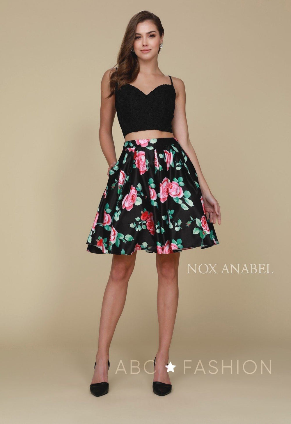 Short Black Two Piece Dress with Floral Print Skirt by Nox Anabel Q604-Short Cocktail Dresses-ABC Fashion