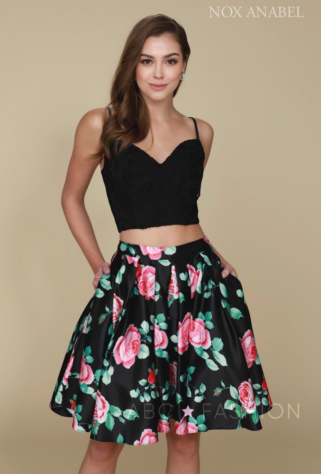 Short Black Two Piece Dress with Floral Print Skirt by Nox Anabel Q604-Short Cocktail Dresses-ABC Fashion
