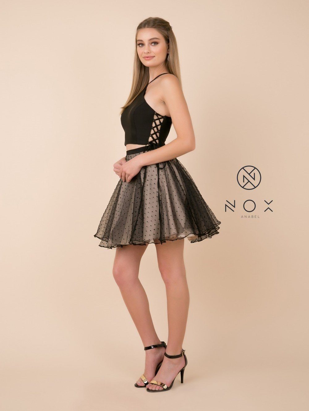 Short Black Two-Piece Dress with Polka Dot Skirt by Nox Anabel M659-Short Cocktail Dresses-ABC Fashion