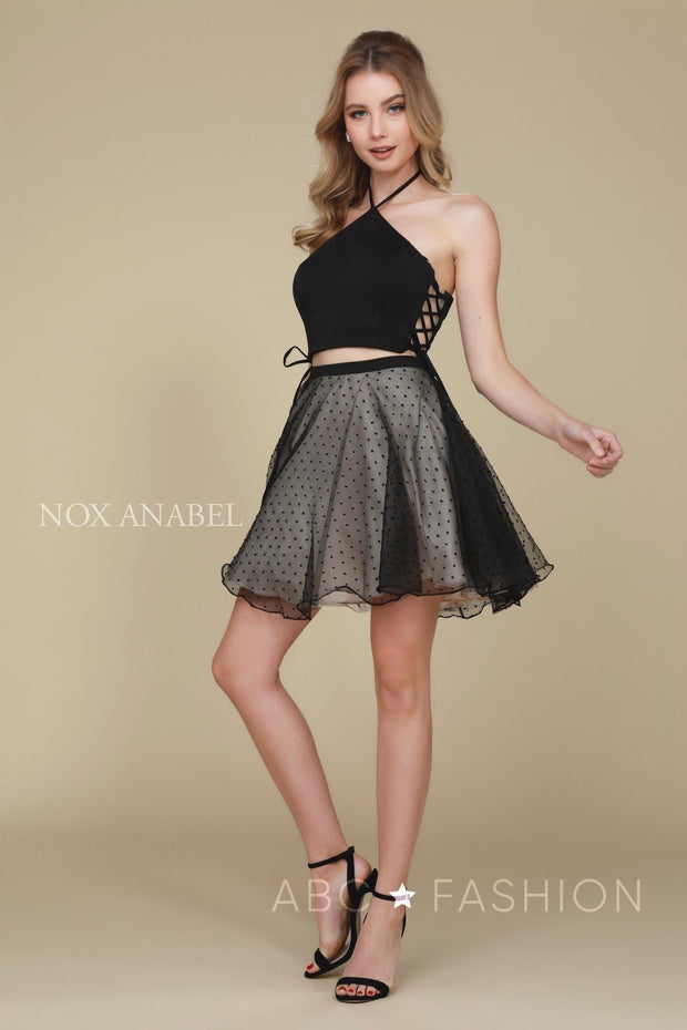 Short Black Two-Piece Dress with Polka Dot Skirt by Nox Anabel M659-Short Cocktail Dresses-ABC Fashion