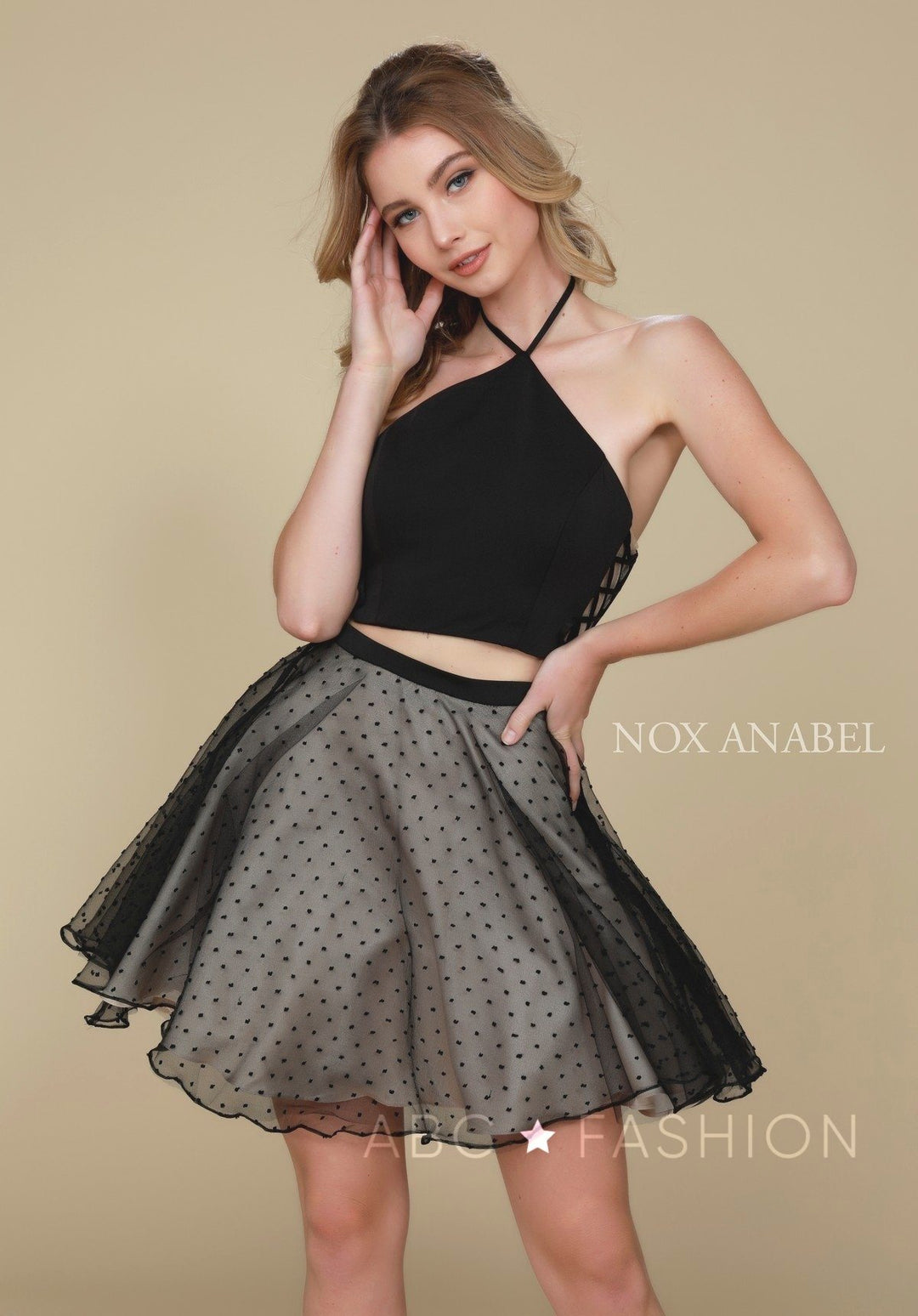 Short Black Two-Piece Dress with Polka Dot Skirt by Nox Anabel M659-Short Cocktail Dresses-ABC Fashion