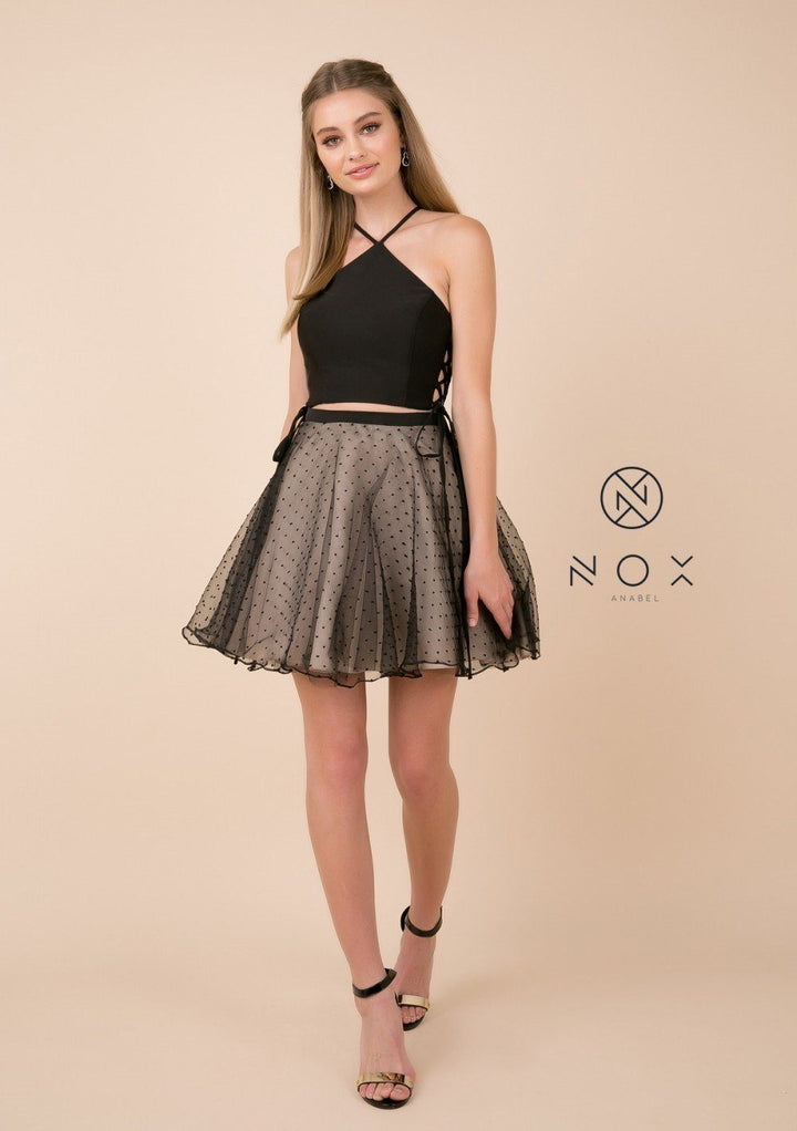 Short Black Two-Piece Dress with Polka Dot Skirt by Nox Anabel M659-Short Cocktail Dresses-ABC Fashion