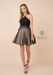 Short Black Two-Piece Dress with Polka Dot Skirt by Nox Anabel M659-Short Cocktail Dresses-ABC Fashion