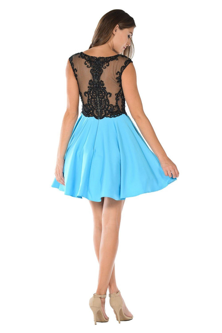 Short Black/Aqua Dress with Embroidered Bodice by Poly USA-Short Cocktail Dresses-ABC Fashion