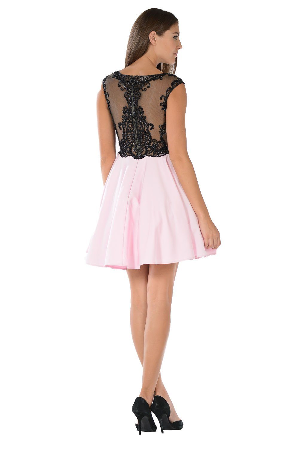 Short Black/Pink Dress with Embroidered Bodice by Poly USA-Short Cocktail Dresses-ABC Fashion