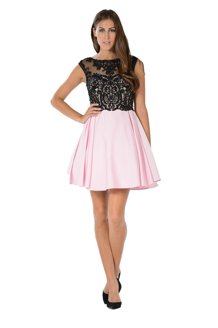Short Black/White Dress with Embroidered Bodice by Poly USA-Short Cocktail Dresses-ABC Fashion