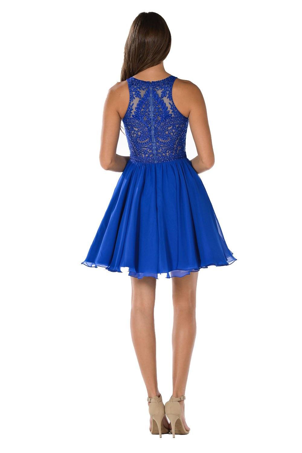 Short Blue Dress with Embroidered Bodice by Poly USA-Short Cocktail Dresses-ABC Fashion