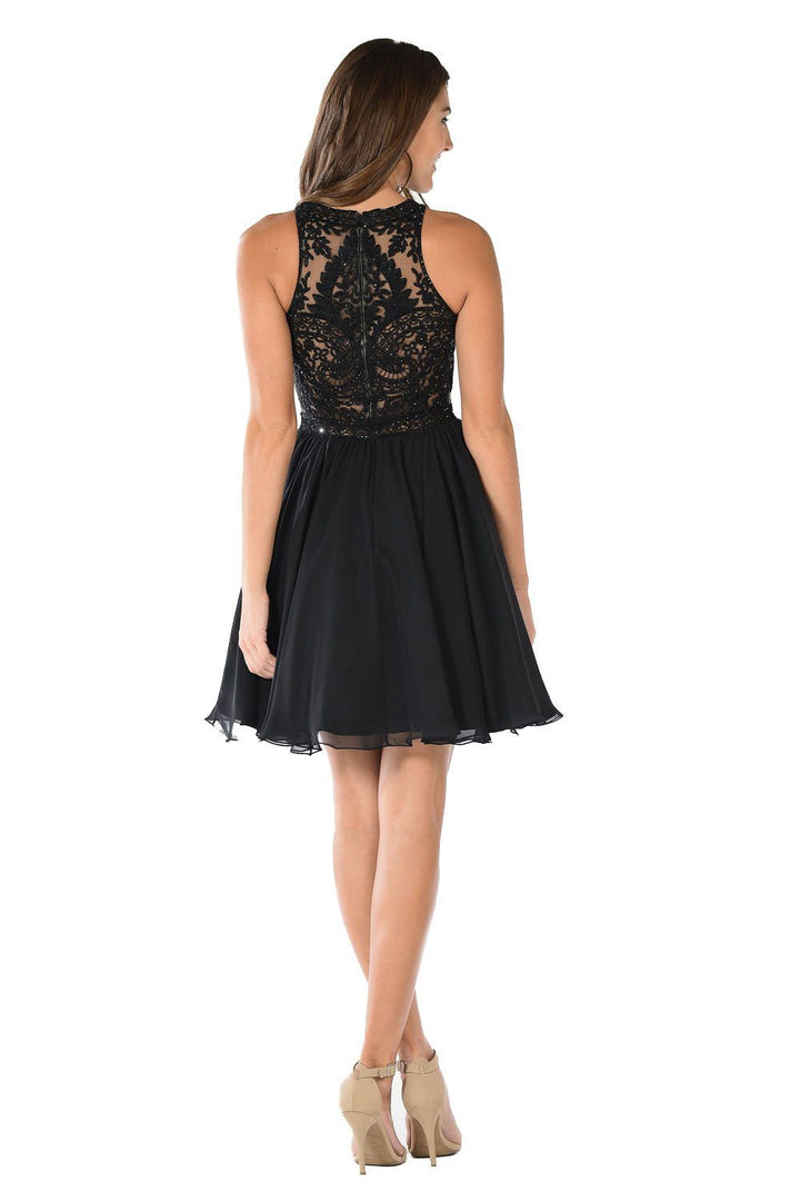 Short Blue Dress with Embroidered Bodice by Poly USA-Short Cocktail Dresses-ABC Fashion