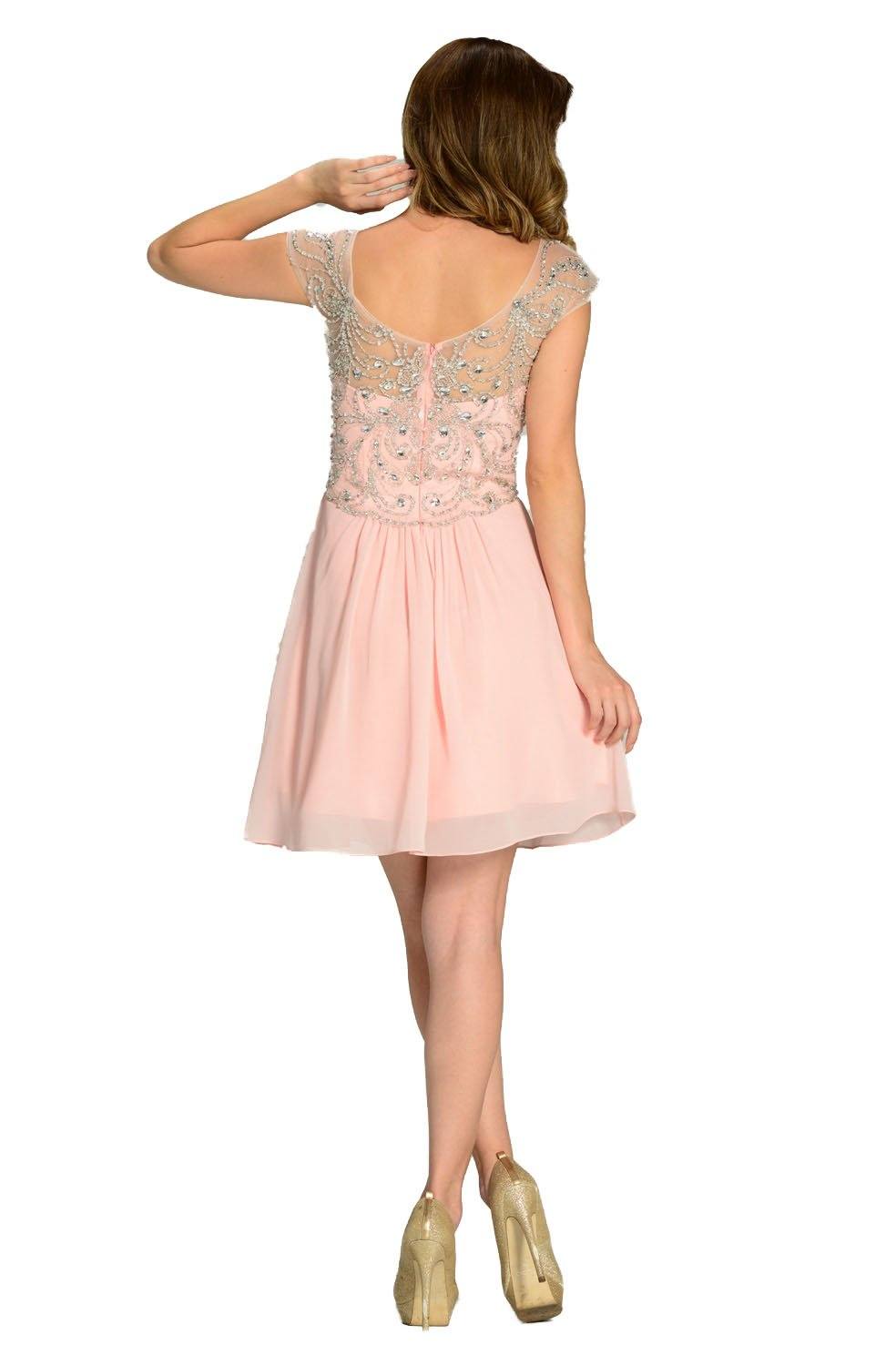 Short Blush Pink Cap Sleeve Dress with Jeweled Bodice by Poly USA-Short Cocktail Dresses-ABC Fashion