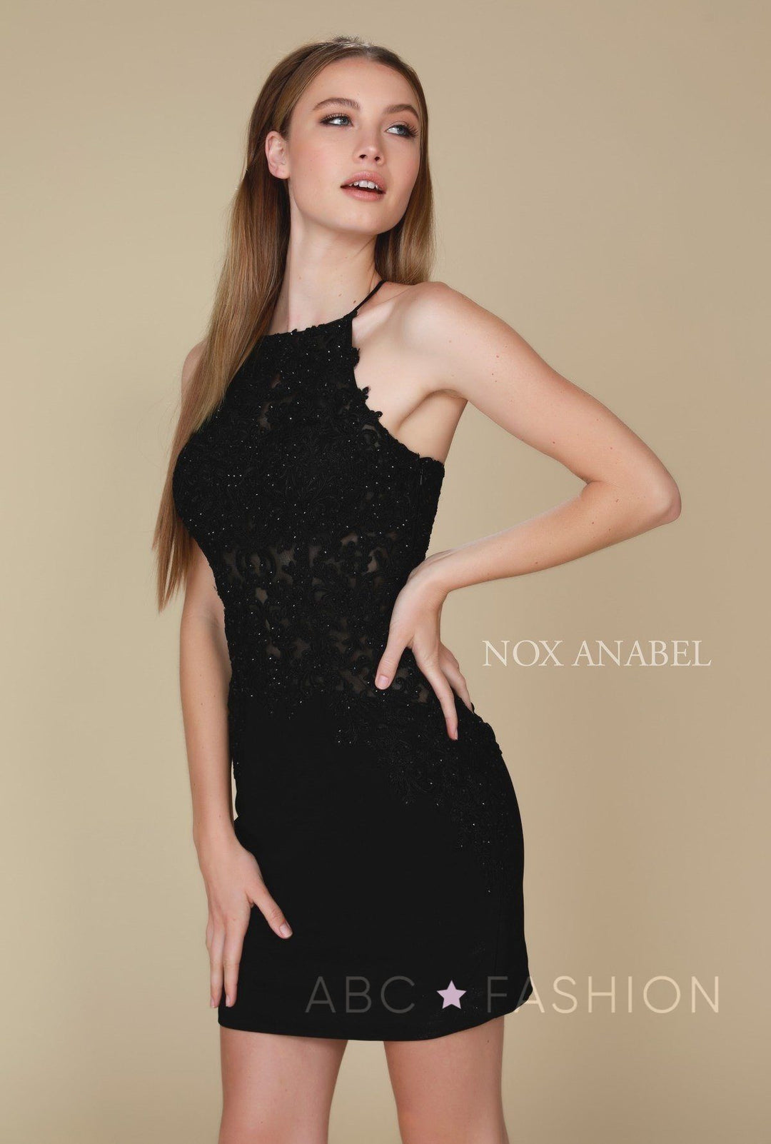 Short Bodycon Dress with Embroidered Bodice by Nox Anabel A628-Short Cocktail Dresses-ABC Fashion