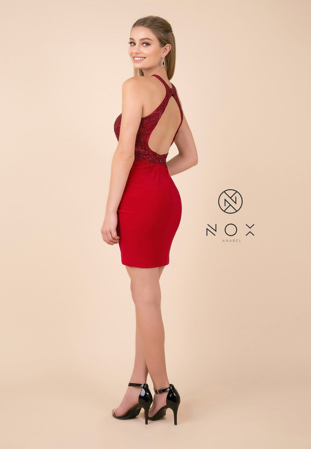Short Bodycon Halter Dress with Beaded Appliques by Nox Anabel E697-Short Cocktail Dresses-ABC Fashion