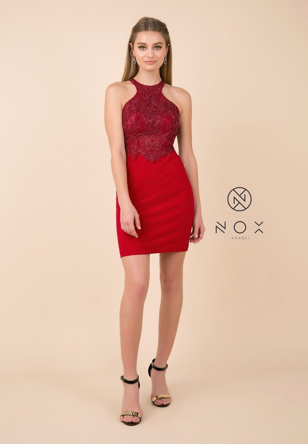 Short Bodycon Halter Dress with Beaded Appliques by Nox Anabel E697-Short Cocktail Dresses-ABC Fashion