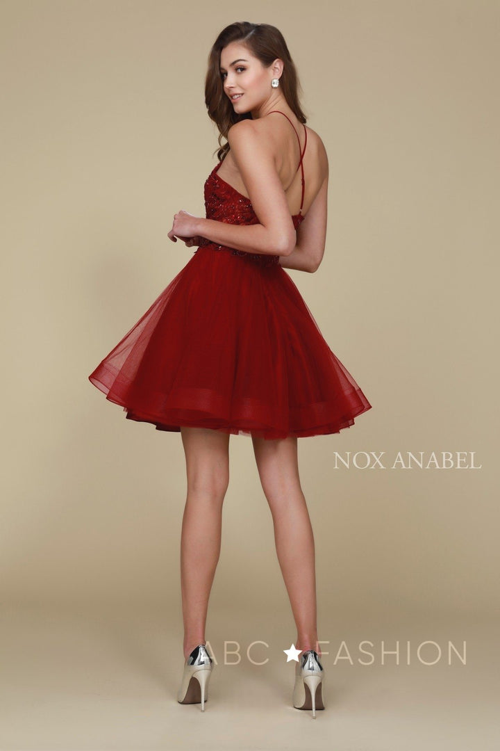 Short Burgundy Dress with Embroidered Bodice by Nox Anabel A614-Short Cocktail Dresses-ABC Fashion