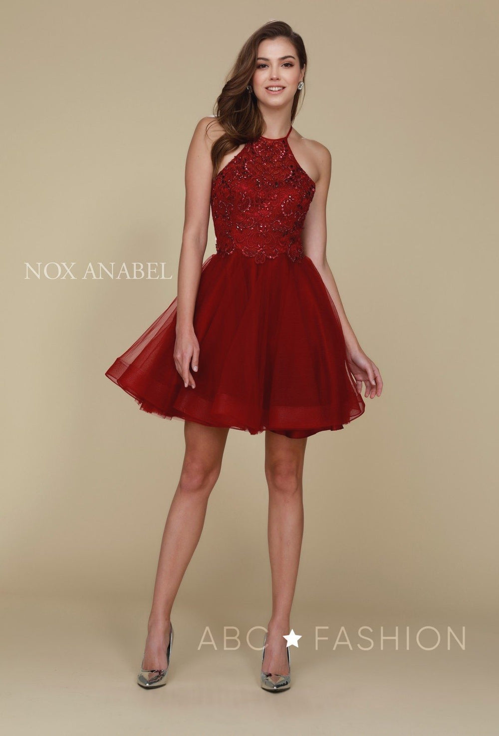 Short Burgundy Dress with Embroidered Bodice by Nox Anabel A614-Short Cocktail Dresses-ABC Fashion
