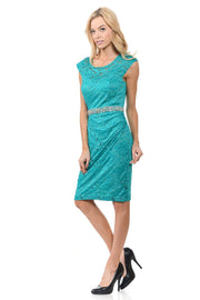 Short Cap Sleeve Lace Dress with Beaded Waist by Lenovia 5140-Short Cocktail Dresses-ABC Fashion