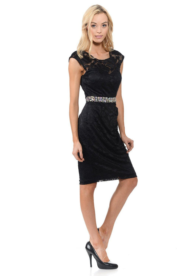 Short Cap Sleeve Lace Dress with Beaded Waist by Lenovia 5140-Short Cocktail Dresses-ABC Fashion