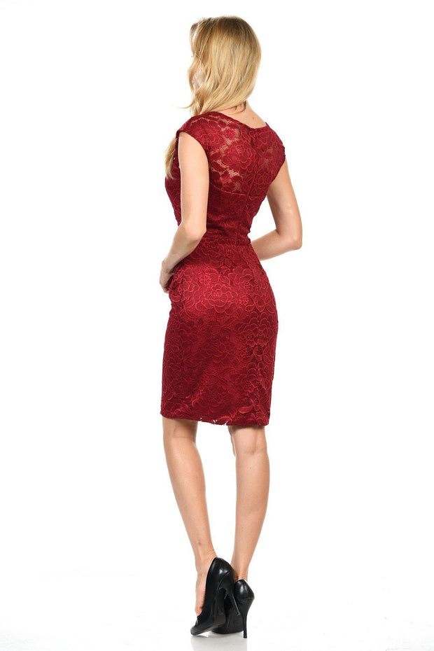 Short Cap Sleeve Lace Dress with Beaded Waist by Lenovia 5140-Short Cocktail Dresses-ABC Fashion