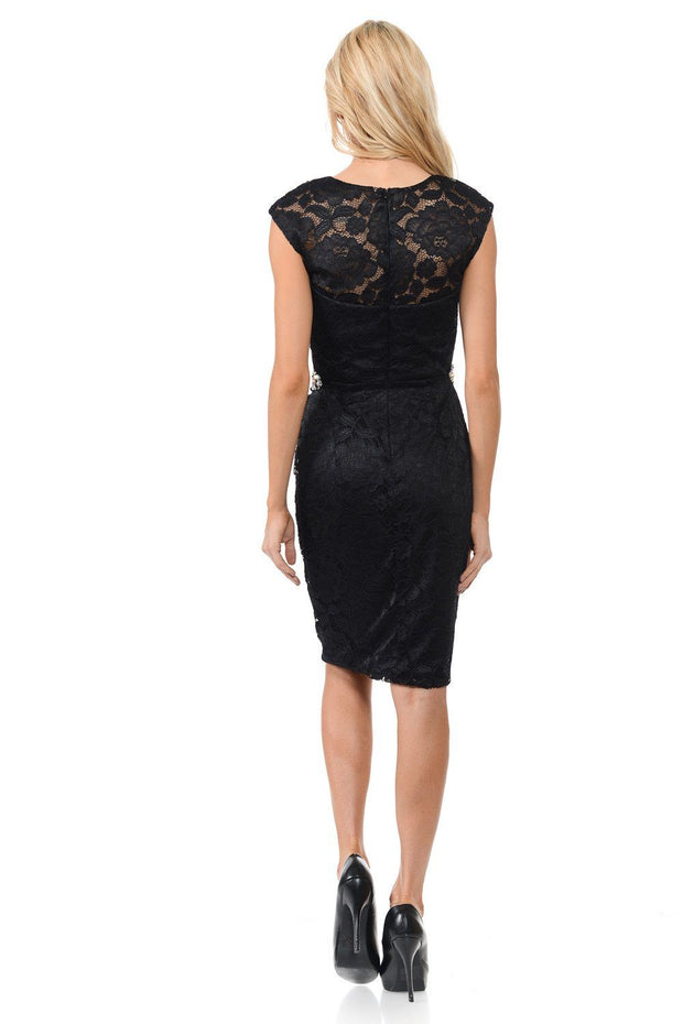 Short Cap Sleeve Lace Dress with Beaded Waist by Lenovia 5140-Short Cocktail Dresses-ABC Fashion