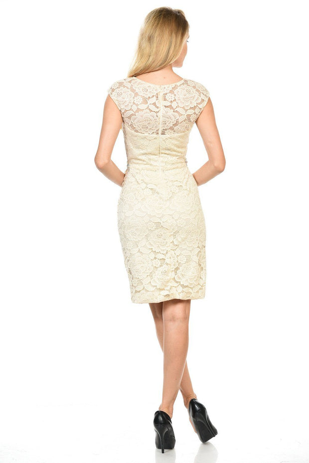 Short Cap Sleeve Lace Dress with Beaded Waist by Lenovia 5140-Short Cocktail Dresses-ABC Fashion
