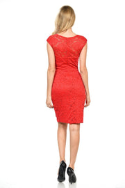 Short Cap Sleeve Lace Dress with Beaded Waist by Lenovia 5140-Short Cocktail Dresses-ABC Fashion