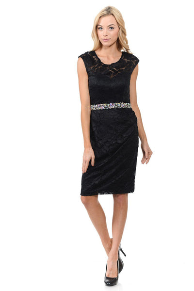 Short Cap Sleeve Lace Dress with Beaded Waist by Lenovia 5140-Short Cocktail Dresses-ABC Fashion
