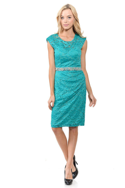 Short Cap Sleeve Lace Dress with Beaded Waist by Lenovia 5140-Short Cocktail Dresses-ABC Fashion