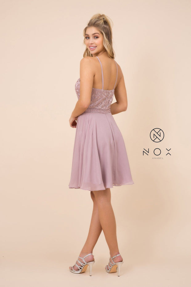 Short Chiffon Dress with Embroidered Bodice by Nox Anabel Y629