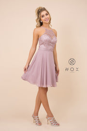 Short Chiffon Dress with Embroidered Bodice by Nox Anabel Y629