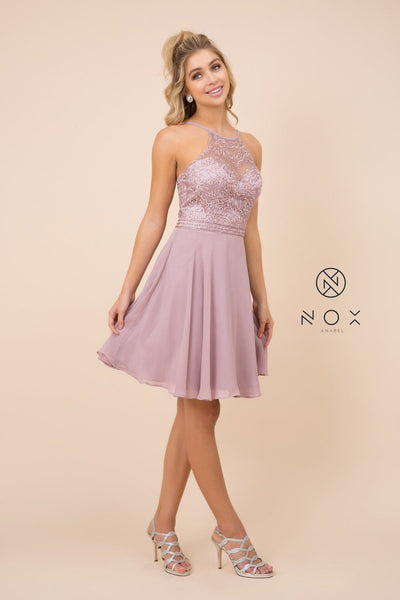 Short Chiffon Dress with Embroidered Bodice by Nox Anabel Y629
