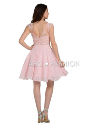 Short Chiffon Dress with Floral Lace Appliques by Poly USA 8094-Short Cocktail Dresses-ABC Fashion