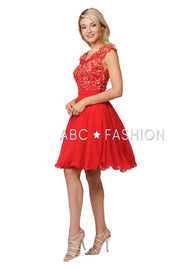 Short Chiffon Dress with Floral Lace Appliques by Poly USA 8094-Short Cocktail Dresses-ABC Fashion