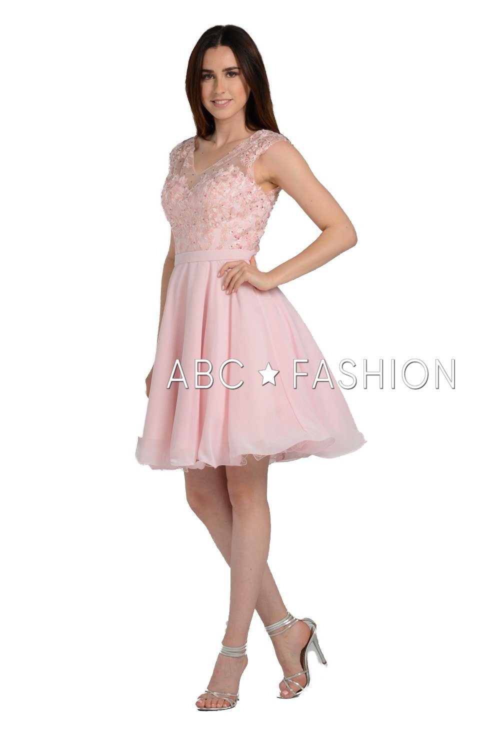 chiffon cocktail dresses Short Chiffon Dress with Floral Lace Appliques by Poly USA 8094 XS / Blush
