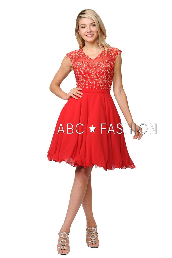 strapless open back dress Riasi Ruffle Mini Dress in Chiffon Red , V Neck