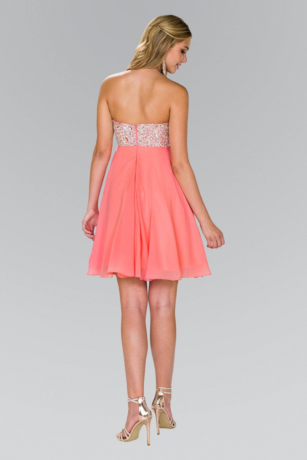 Short Chiffon Dress with Jeweled Bodice by Elizabeth KGS1142 - Coral / S Short Chiffon Dress with Jeweled Bodice by Elizabeth KGS1142 - Coral / S