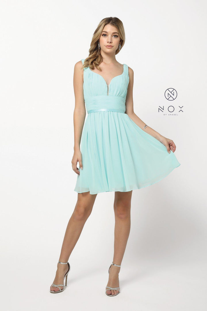 Short Chiffon Dress with Ruched Bodice by Nox Anabel 6242