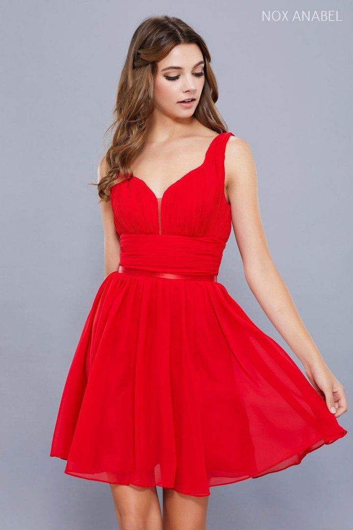 Short Chiffon Dress with Ruched Bodice by Nox Anabel 6242-Short Cocktail Dresses-ABC Fashion
