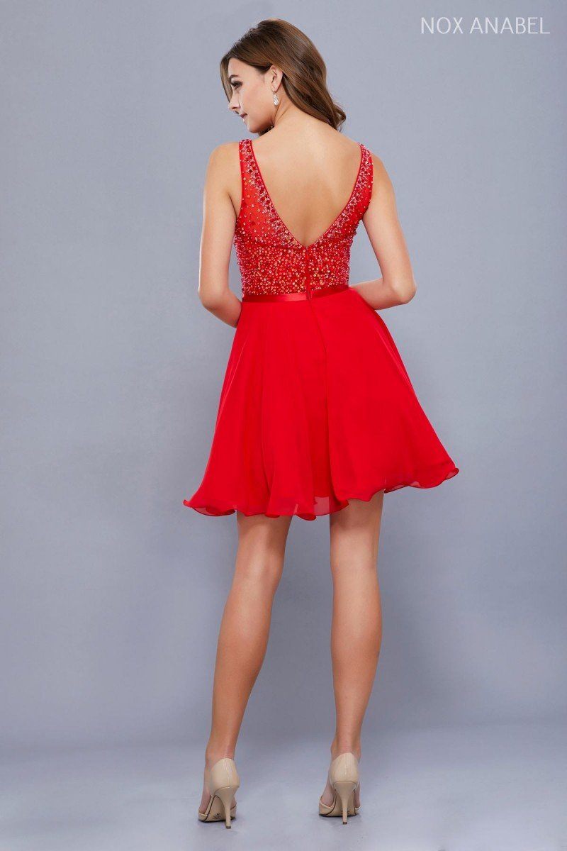 Short Chiffon Dress with Sequined Bodice by Nox Anabel 6163-Short Cocktail Dresses-ABC Fashion